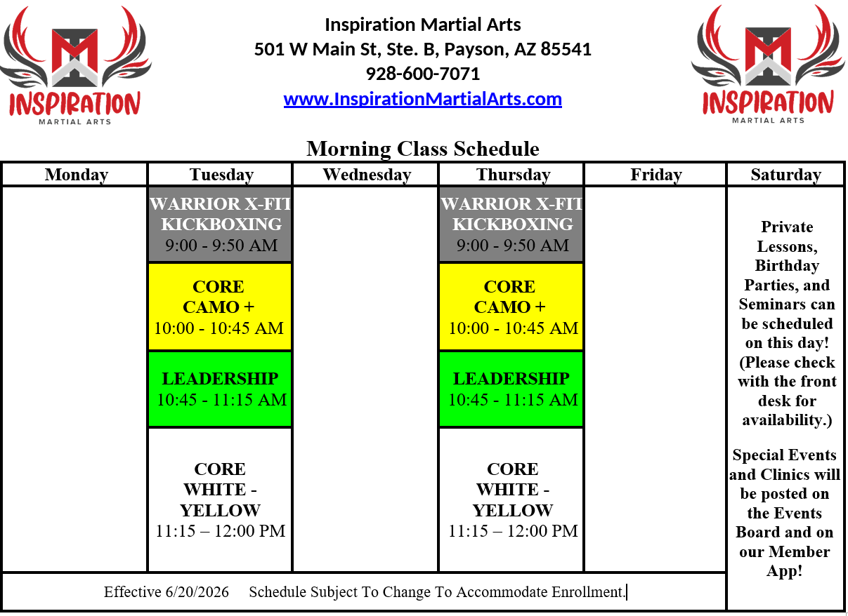 Schedule - Inspiration Kidz Payson AZ