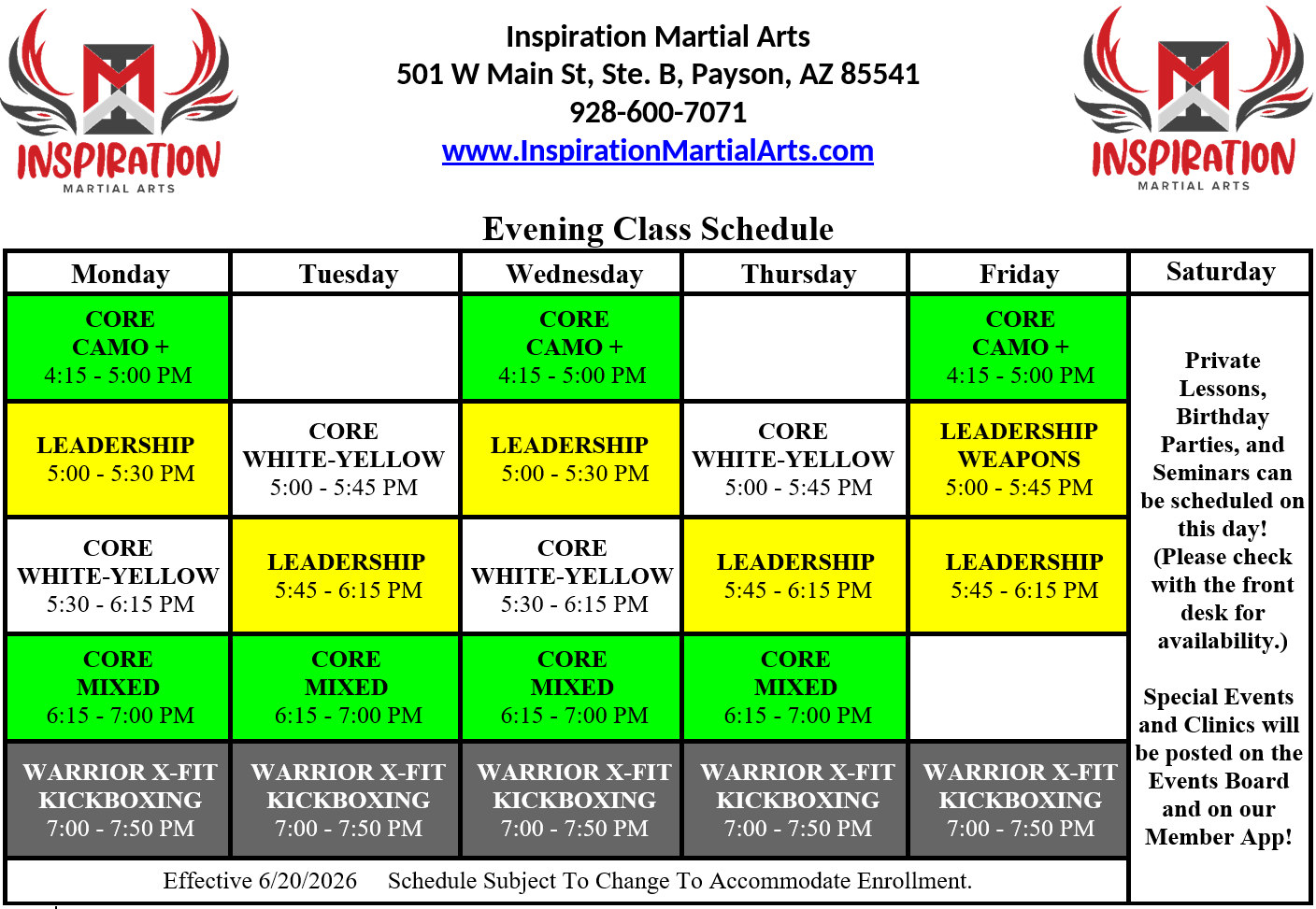 Schedule - Inspiration Kidz Payson AZ